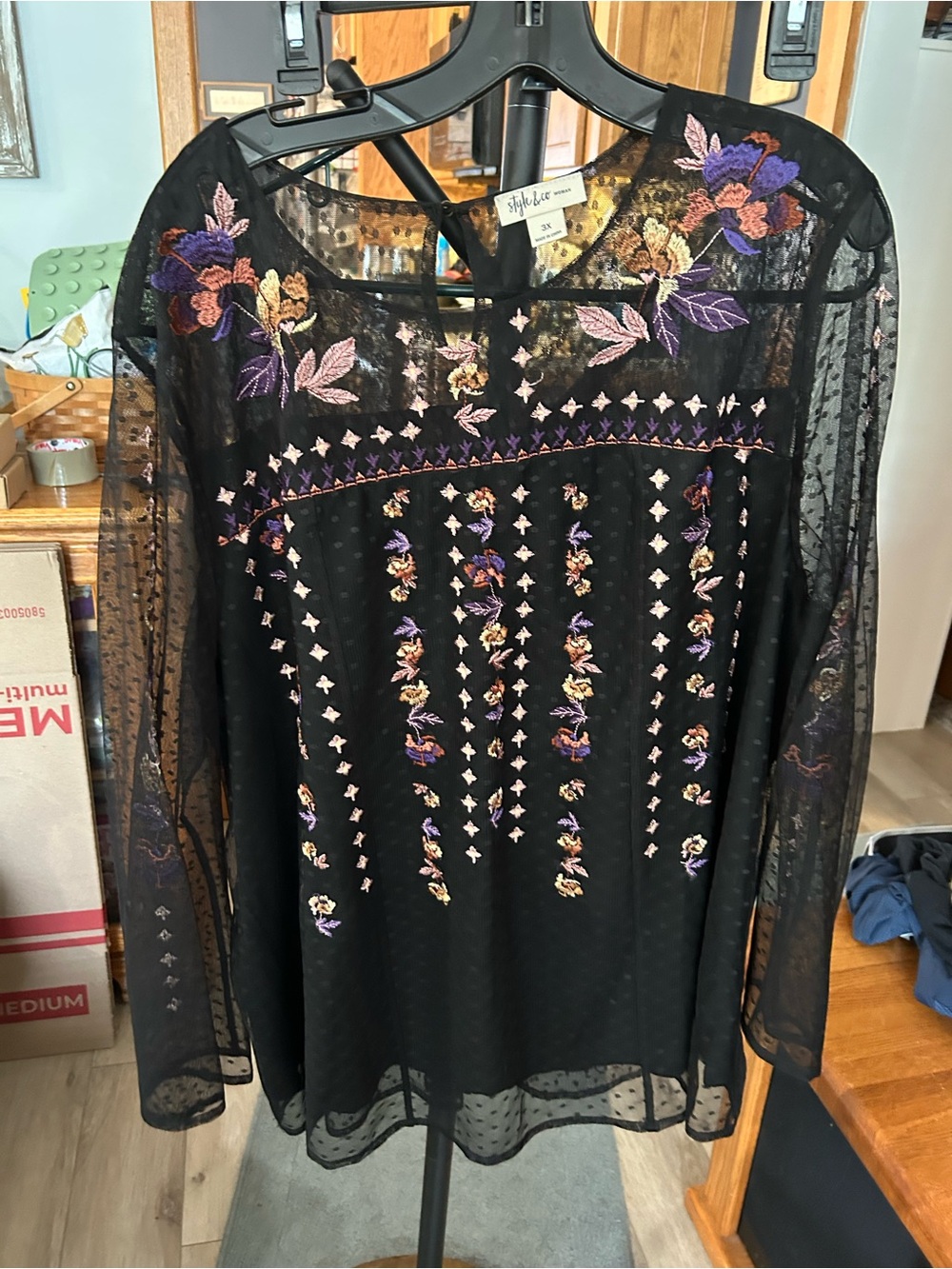 Style & Co. Black Sheer Embroidered Floral Long-Sleeve Blouse - Picture 1 of 1